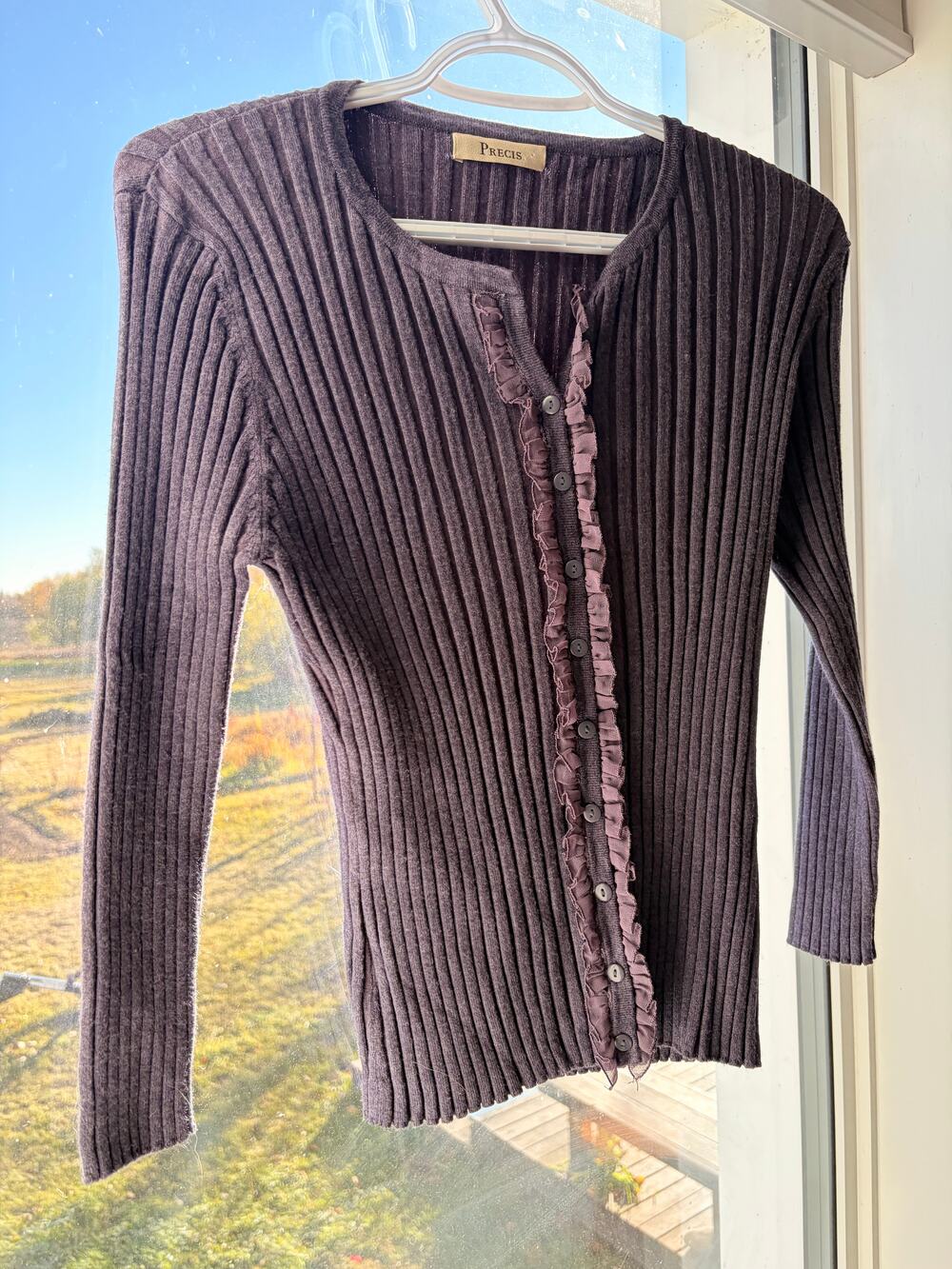 PrecisVintage Y2K 90s Women’s Ribbed Ruffle Cardigan Size L Violet Purple Wool B